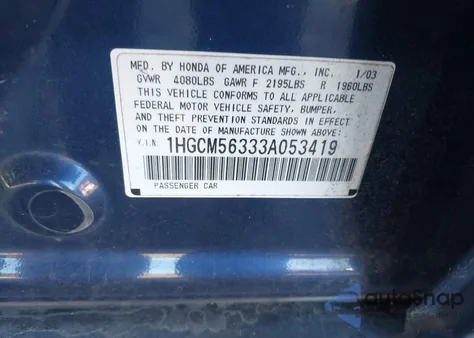 2003 Honda Accord 2.4 Lx from USA, damaged, VIN 1HGCM56333A053419